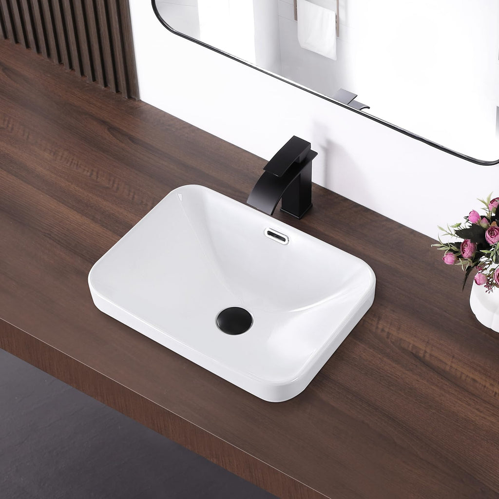 Small Bathroom Vessel Sink 16.7'' x 12.6'' Semi Recessed Bathroom Sink Rectangular Drop-in Vanity Sink with Overflow White Ceramic Modern Art Basin