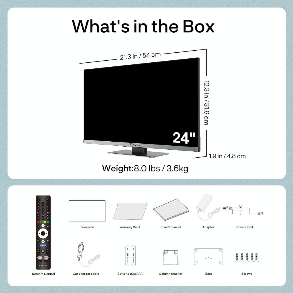 SYLVOX 24'' Smart RV TV, 12V/24V Google TV with Built-in DVD Player