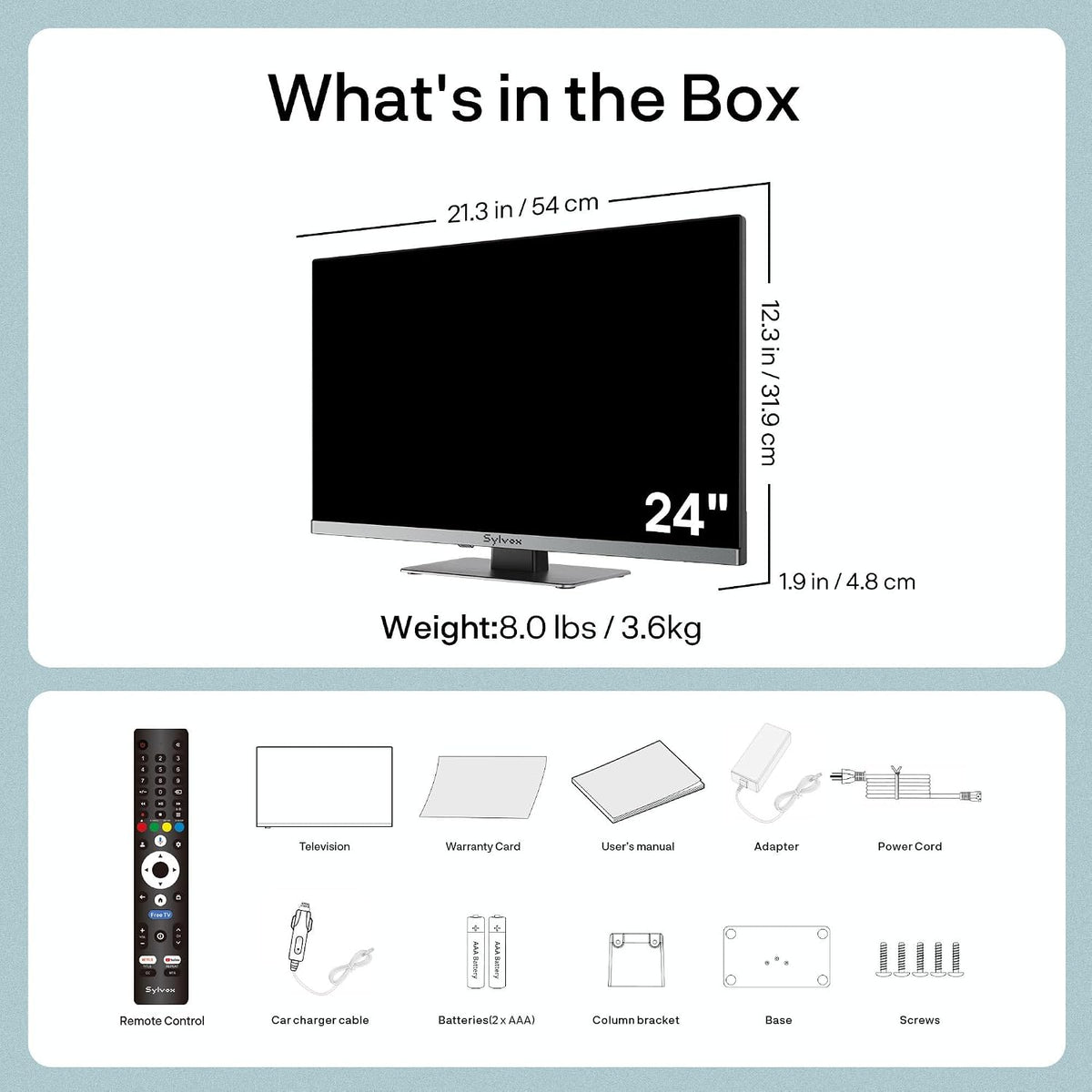 SYLVOX 24'' Smart RV TV, 12V/24V Google TV with Built-in DVD Player