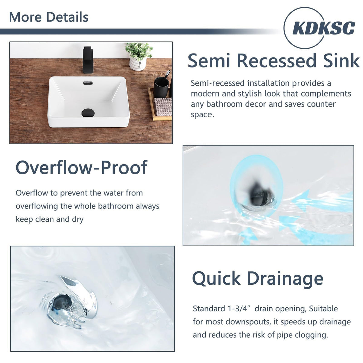 Bathroom Vessel Sink 16.7" X 12.6" Semi Recessed Bathroom Sink Rectangular Drop In Bathroom Sinks with Overflow White Ceramic Vessel Sinks for Bathroom Modern Above Counter Basin Vanity Sink