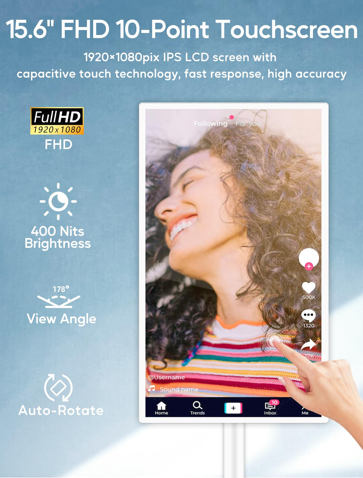 15.6" Digital Signage Capacitive Touchscreen Advertising Display with Adjustable Stand, 10000mAh Battery, Android 13 Commercial LCD Monitor with Auto Play, Wireless Screen Mirroring, 4+64GB