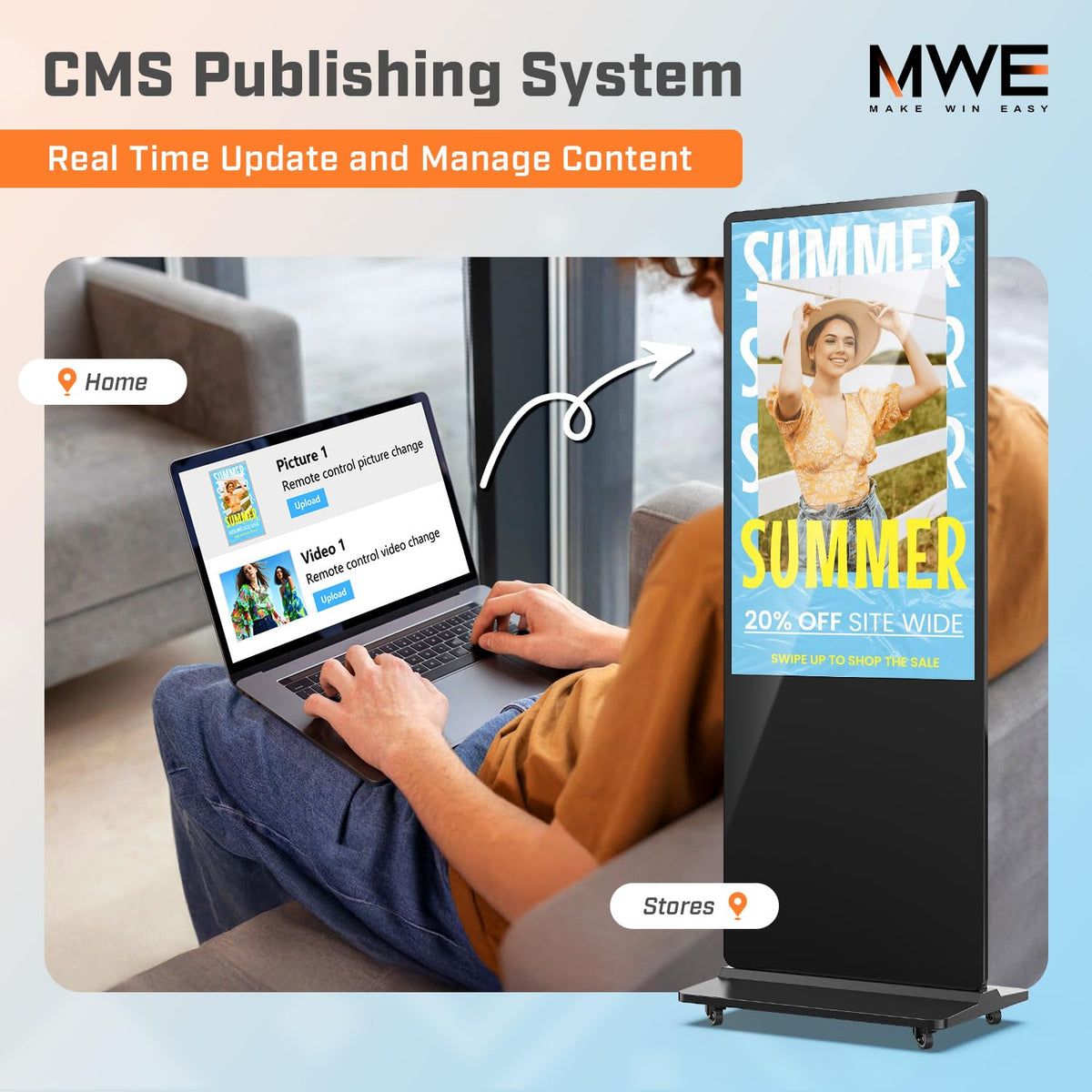 MWE 43 Inch Indoor Floor Standing Digital Signage Advertising Display Kiosk LCD Screen Commercial Totem Android System Vertical Poster with Auto Media Player