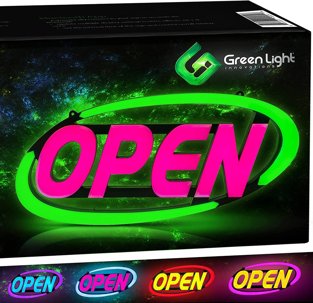 LED Open Sign for Business with Programmable Business Hours â Green Light Innovations Bluetooth App, 4,000+ Color Combos, Flash/Scroll/Neon Modes, 100,000-Hr LEDs, 3-Year Warranty, 15Ã16.5 in