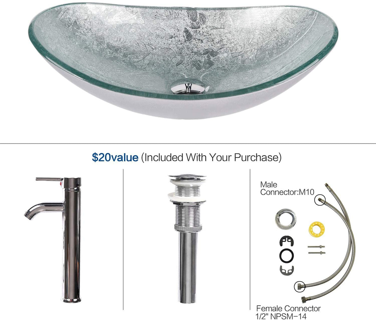 YOURLITE Bathroom Artistic Vessel Sink, Tempered Glass Countertop Bowl Sink