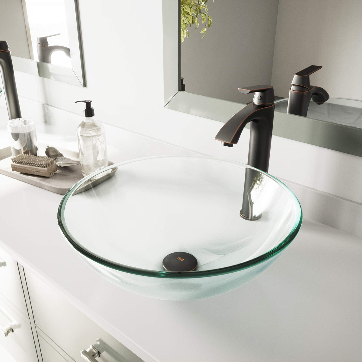Vigo Vessel Sink Copper - 17â Artistic Round Bowl Sink for Bathrooms, Tempered Glass Above Counter Bathroom Sink with NonStickShield, QuickDrain & TempGuard, Modern Luxury Design