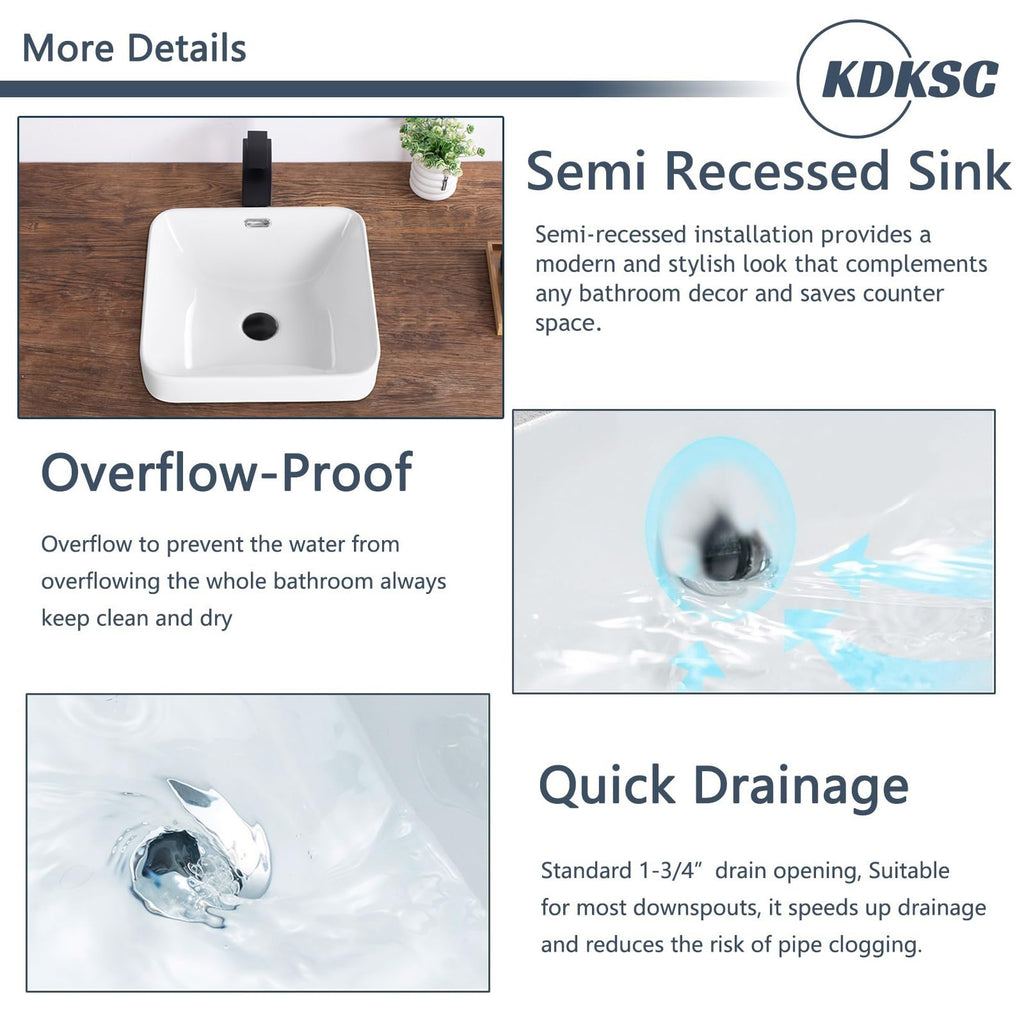 Bathroom Vessel Sink 16.7" X 12.6" Semi Recessed Bathroom Sink Rectangular Drop In Bathroom Sinks with Overflow White Ceramic Vessel Sinks for Bathroom Modern Above Counter Basin Vanity Sink