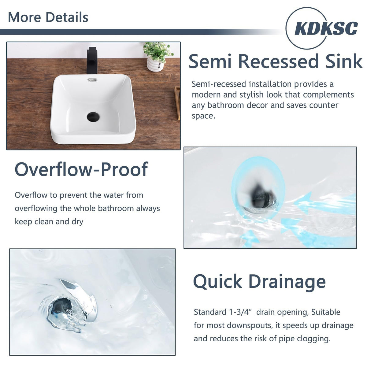 Bathroom Vessel Sink 16.7" X 12.6" Semi Recessed Bathroom Sink Rectangular Drop In Bathroom Sinks with Overflow White Ceramic Vessel Sinks for Bathroom Modern Above Counter Basin Vanity Sink
