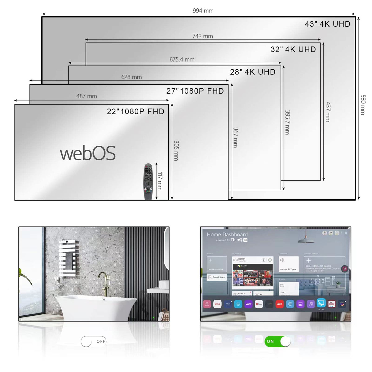 Soulaca 55 inches Smart Waterproof Mirror TV 4K UHD webOS Built-in ATSC DTV Tuner Voice Control, Large Bathroom & Indoor Hotel Resort Television Wall-Mount Big Screen Pool