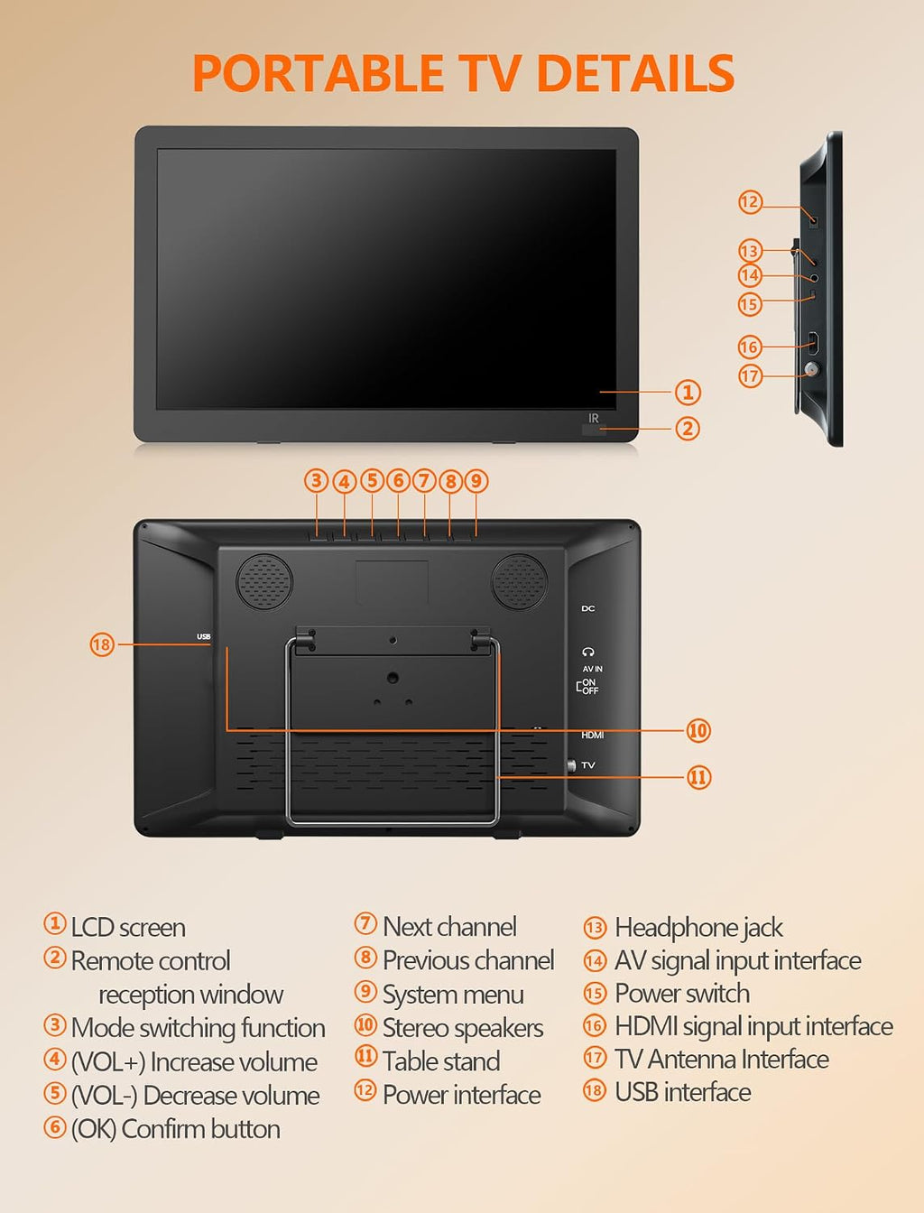 NORTHING 14.2" Portable TV with Antenna,1080P Rechargeable TV