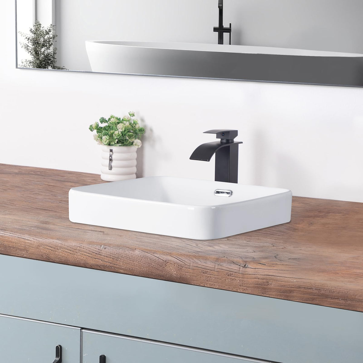 Bathroom Vessel Sink 16.7" X 12.6" Semi Recessed Bathroom Sink Rectangular Drop In Bathroom Sinks with Overflow White Ceramic Vessel Sinks for Bathroom Modern Above Counter Basin Vanity Sink