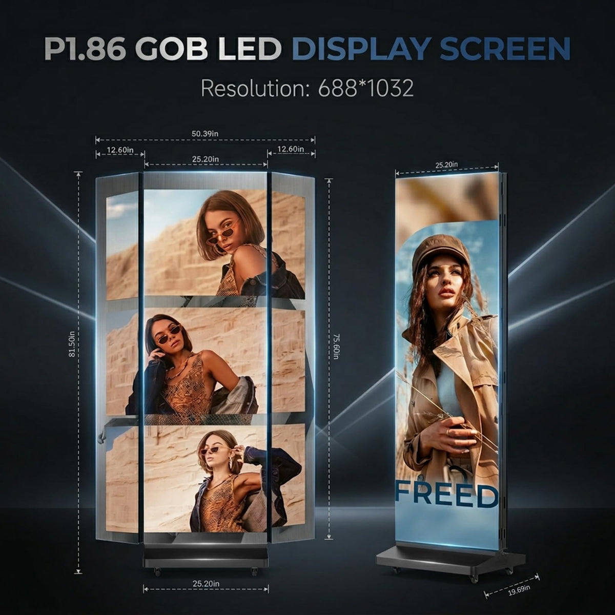 80 Inch LED Digital Signage Display, Foldable Seamless Stitching Kiosk, P1.86 GOB LED Screen Poster with Flight Case, Commercial Advertising Display for Events, Rentals and Weddings (Black, 1 Unit)