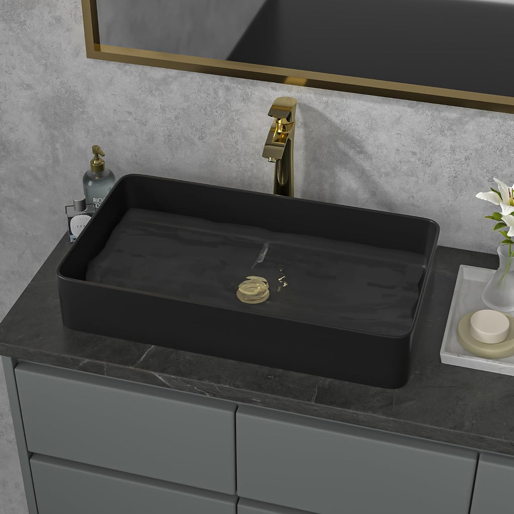 Sarlai Black Vessel Sink Rectangular - 24"x14" Modern Bathroom Vessel Sink Rectangle Above Counter Black Ceramic Porcelain Lavatory Vanity Sink Art Basin