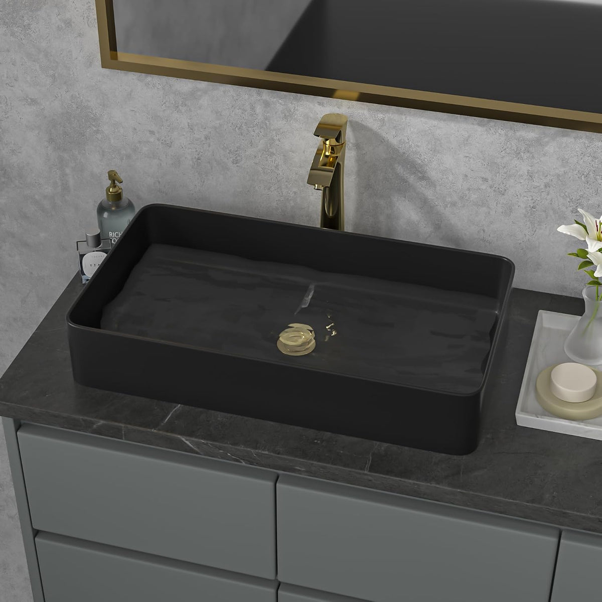 Sarlai Black Vessel Sink Rectangular - 24"x14" Modern Bathroom Vessel Sink Rectangle Above Counter Black Ceramic Porcelain Lavatory Vanity Sink Art Basin