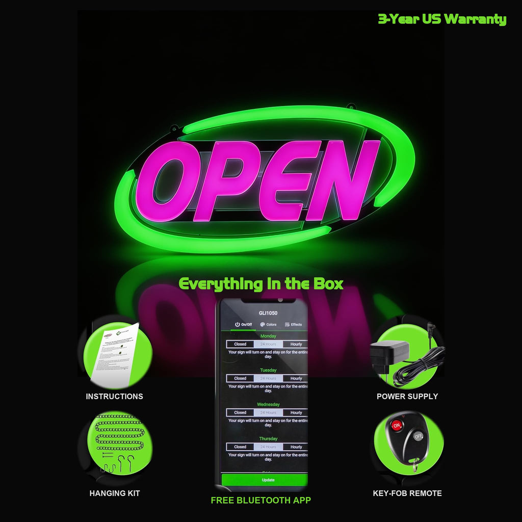 LED Open Sign for Business with Programmable Business Hours â Green Light Innovations Bluetooth App, 4,000+ Color Combos, Flash/Scroll/Neon Modes, 100,000-Hr LEDs, 3-Year Warranty, 15Ã16.5 in