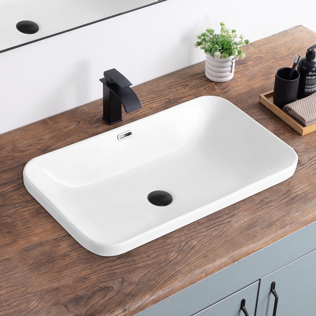 Bathroom Vessel Sink 16.7" X 12.6" Semi Recessed Bathroom Sink Rectangular Drop In Bathroom Sinks with Overflow White Ceramic Vessel Sinks for Bathroom Modern Above Counter Basin Vanity Sink