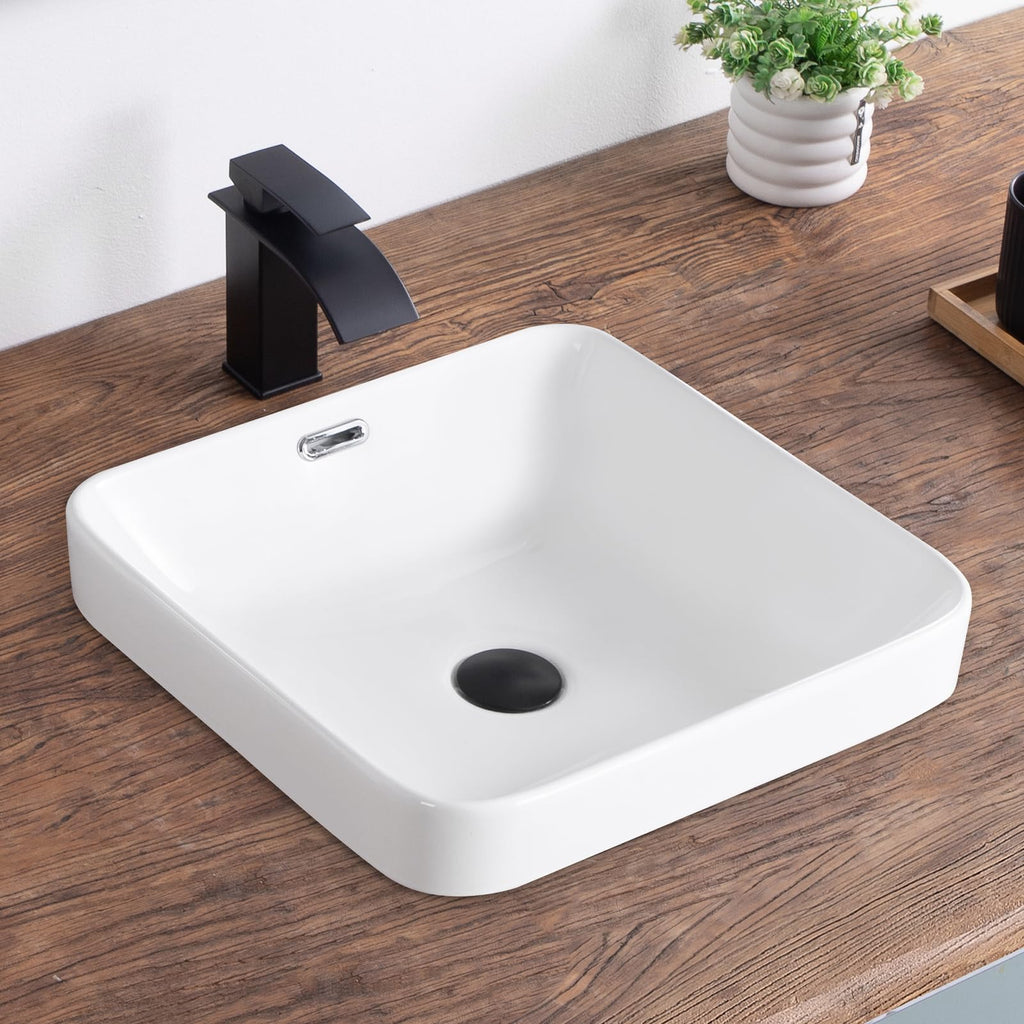 Bathroom Vessel Sink 16.7" X 12.6" Semi Recessed Bathroom Sink Rectangular Drop In Bathroom Sinks with Overflow White Ceramic Vessel Sinks for Bathroom Modern Above Counter Basin Vanity Sink