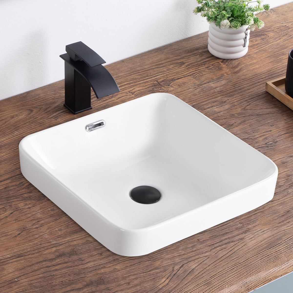 Bathroom Vessel Sink 16.7" X 12.6" Semi Recessed Bathroom Sink Rectangular Drop In Bathroom Sinks with Overflow White Ceramic Vessel Sinks for Bathroom Modern Above Counter Basin Vanity Sink
