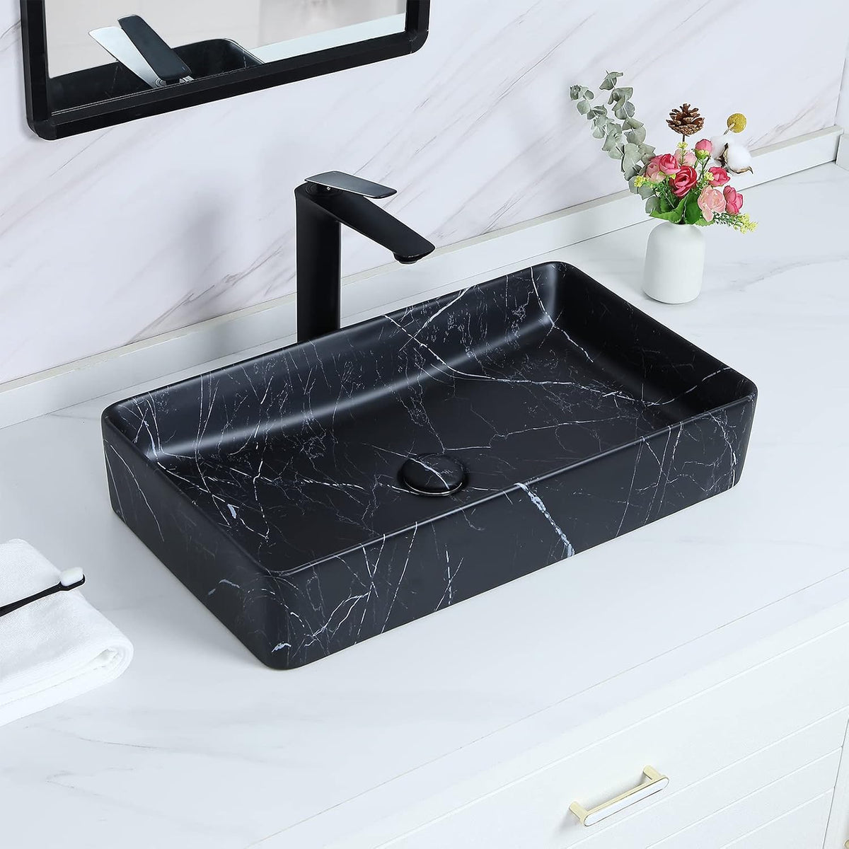 Davivy 23.6''x13.3'' Large Nordic Marbling Matte Black Rectangle Vessel Sink with Pop Up Drain,Bathroom Vessel Sinks,Bathroom Sinks Above Counter,Black Ceramic Vessel Sink for bathrooms (Large)