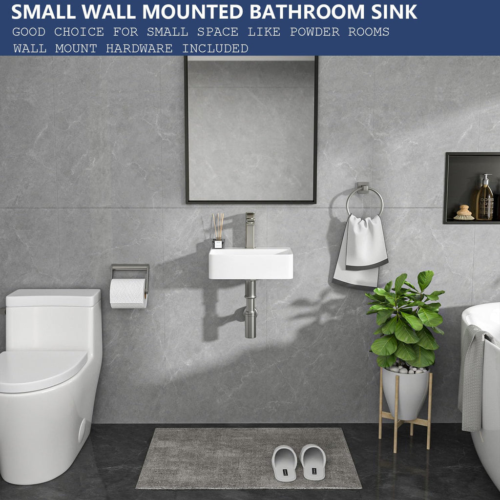 Lordear Wall Mounted Vessel Sink 16x11 Inch, U-Shape White Porcelain Bathroom Sink with Black Faucet and Support Pedestal Legs, Wall Hung Vanity Sink with Towel Rack for Small Bathrooms