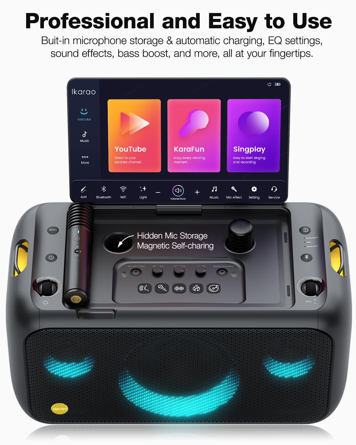 Ikarao Karaoke Machine with Microphone Stand, Portable Bluetooth Speaker for Party, Backyard, Karaoke System with 2 Wireless Microphone for Adults Kids, for Women, Men, Singing Lovers