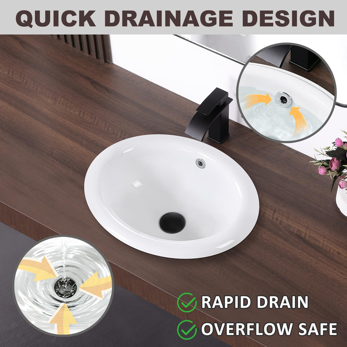 Small Bathroom Vessel Sink 16.7'' x 12.6'' Semi Recessed Bathroom Sink Rectangular Drop-in Vanity Sink with Overflow White Ceramic Modern Art Basin