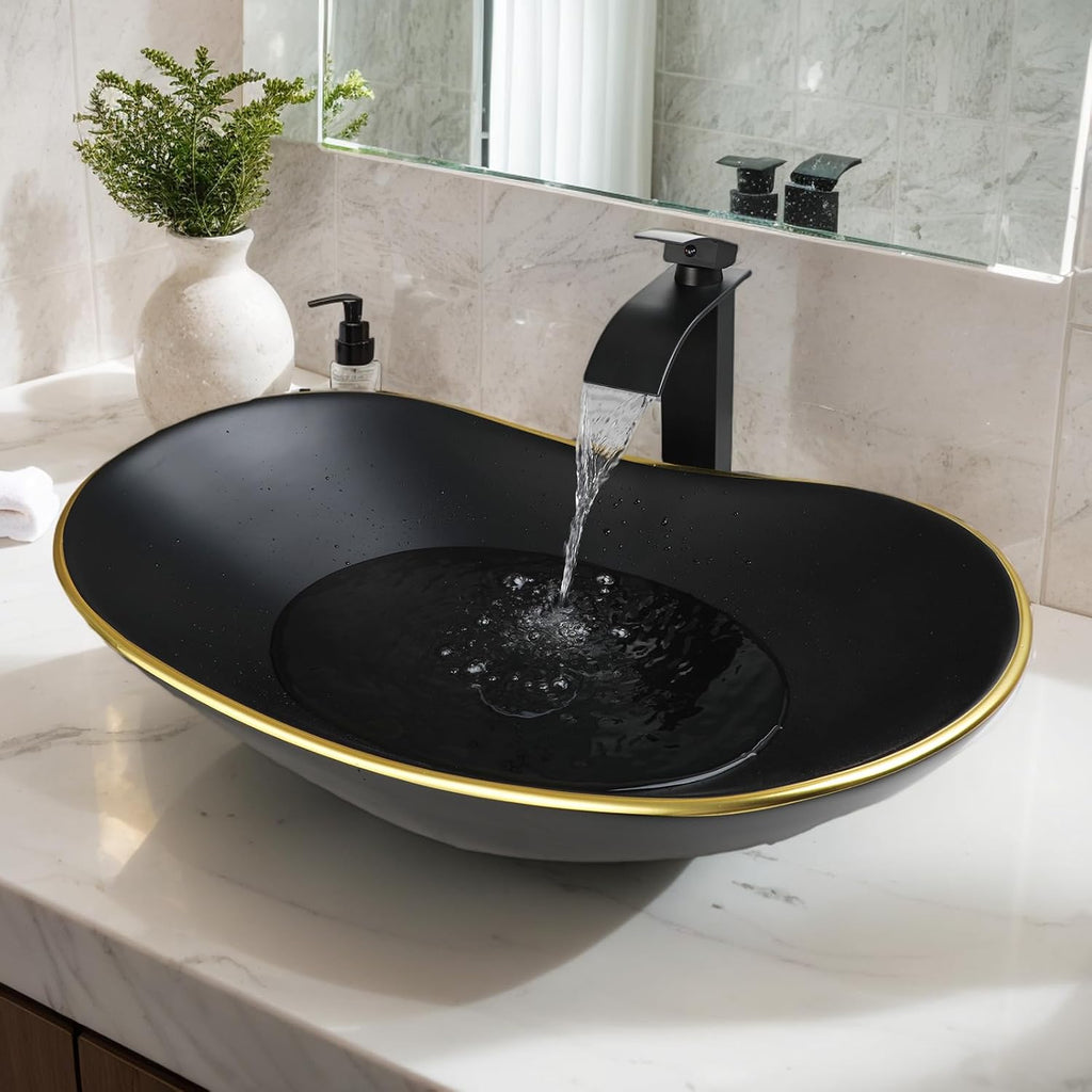 Ceramic Matte Black Bathroom Sink with Gold Trim,Oval Porcelain Vessel Sink with Faucet and Drain Combo,Above Counter Wash Basin Sink bowl