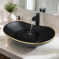 Ceramic Matte Black Bathroom Sink with Gold Trim,Oval Porcelain Vessel Sink with Faucet and Drain Combo,Above Counter Wash Basin Sink bowl