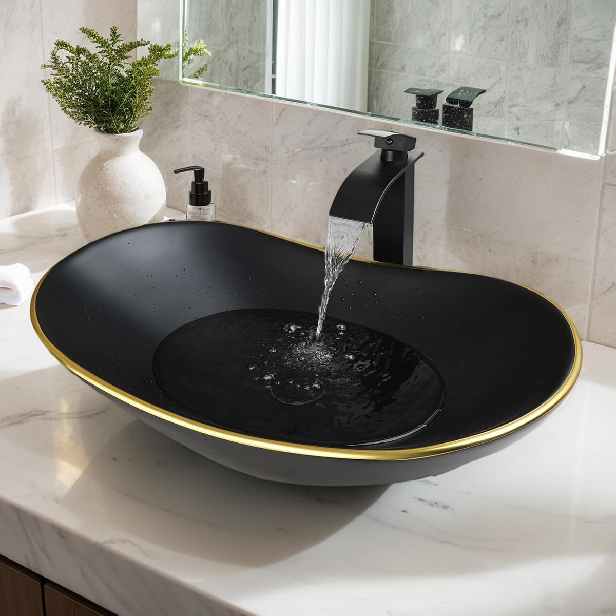 Ceramic Matte Black Bathroom Sink with Gold Trim,Oval Porcelain Vessel Sink with Faucet and Drain Combo,Above Counter Wash Basin Sink bowl