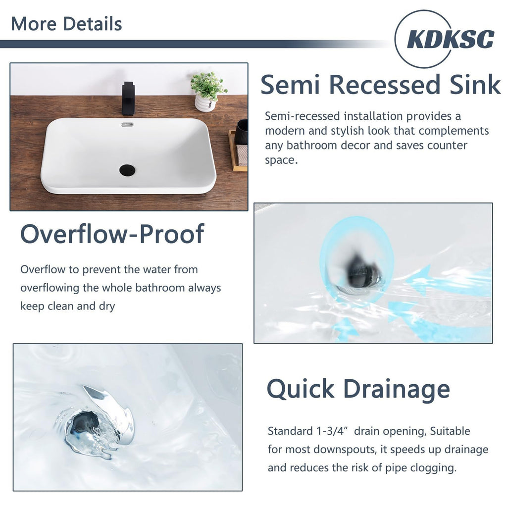 Bathroom Vessel Sink 16.7" X 12.6" Semi Recessed Bathroom Sink Rectangular Drop In Bathroom Sinks with Overflow White Ceramic Vessel Sinks for Bathroom Modern Above Counter Basin Vanity Sink