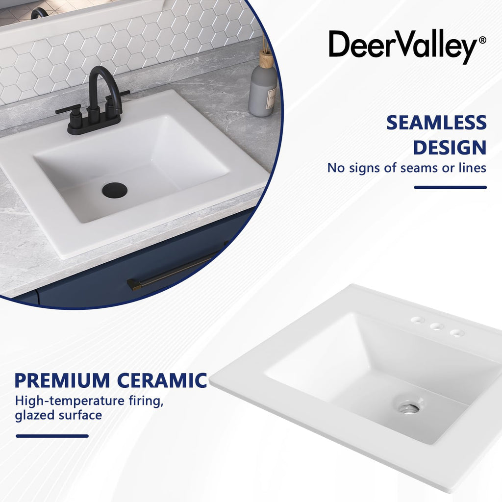 DeerValley Modern Drop In Bathroom Sink White 20"x17" Oval Vanity Art Basin