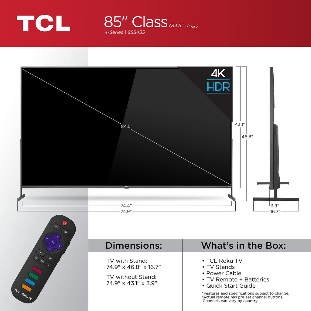TCL 55" Class 4-Series 4K UHD HDR Smart Roku TV â 55S435, 2021 Model