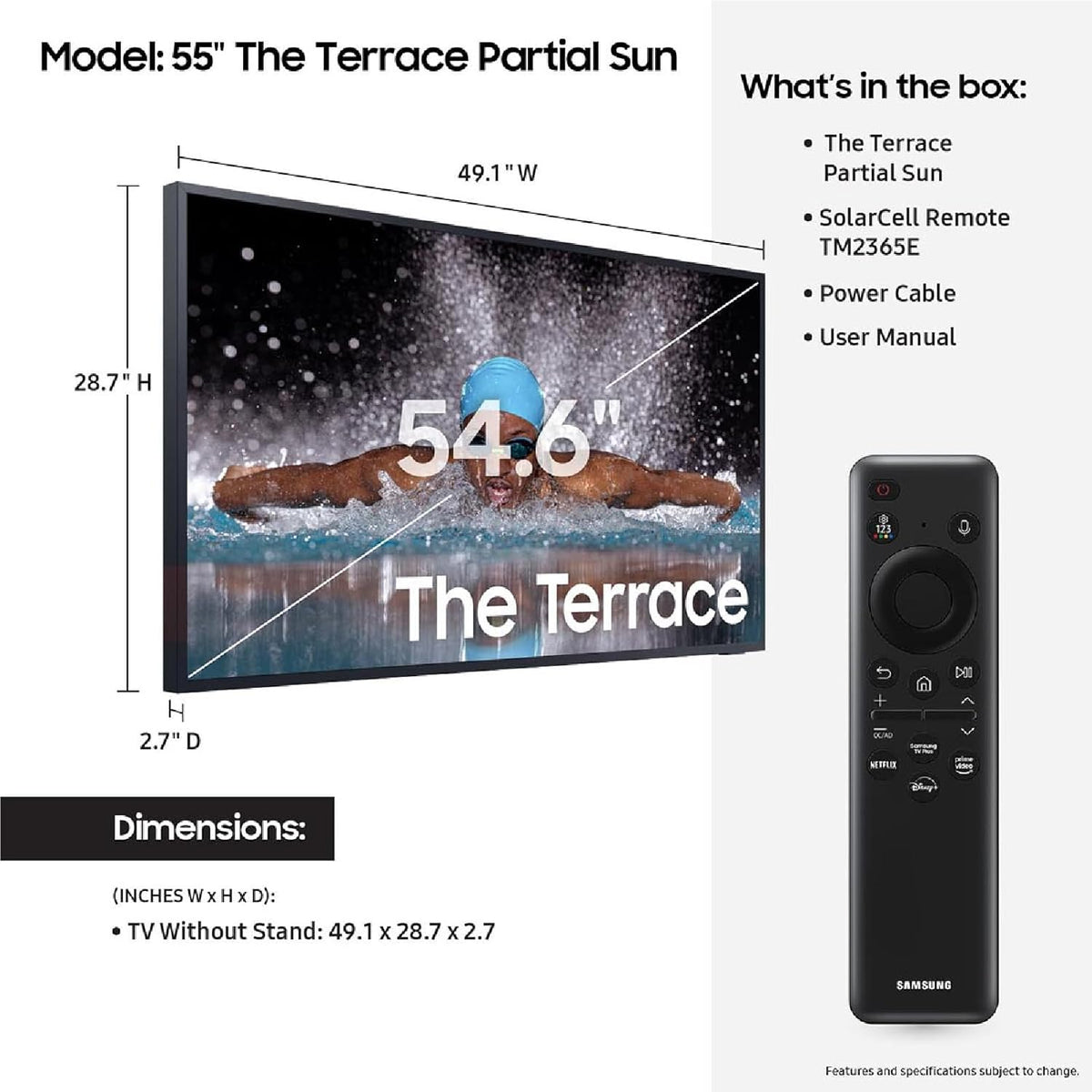 Samsung 55-Inch Class Neo QLED 4K The Terrace Partial Sun, Quantum HDR+, Dolby Atmos, Wide Viewing Angle, Weather Resistant, Anti-Glare Outdoor Smart TV (QN55LST7DAFXZA, 2024 Model) (Renewed)