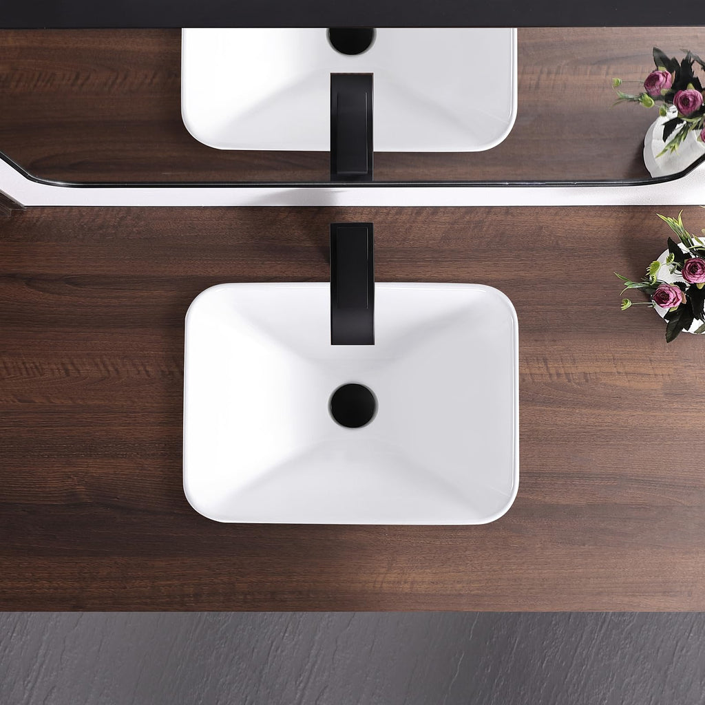 Small Bathroom Vessel Sink 16.7'' x 12.6'' Semi Recessed Bathroom Sink Rectangular Drop-in Vanity Sink with Overflow White Ceramic Modern Art Basin
