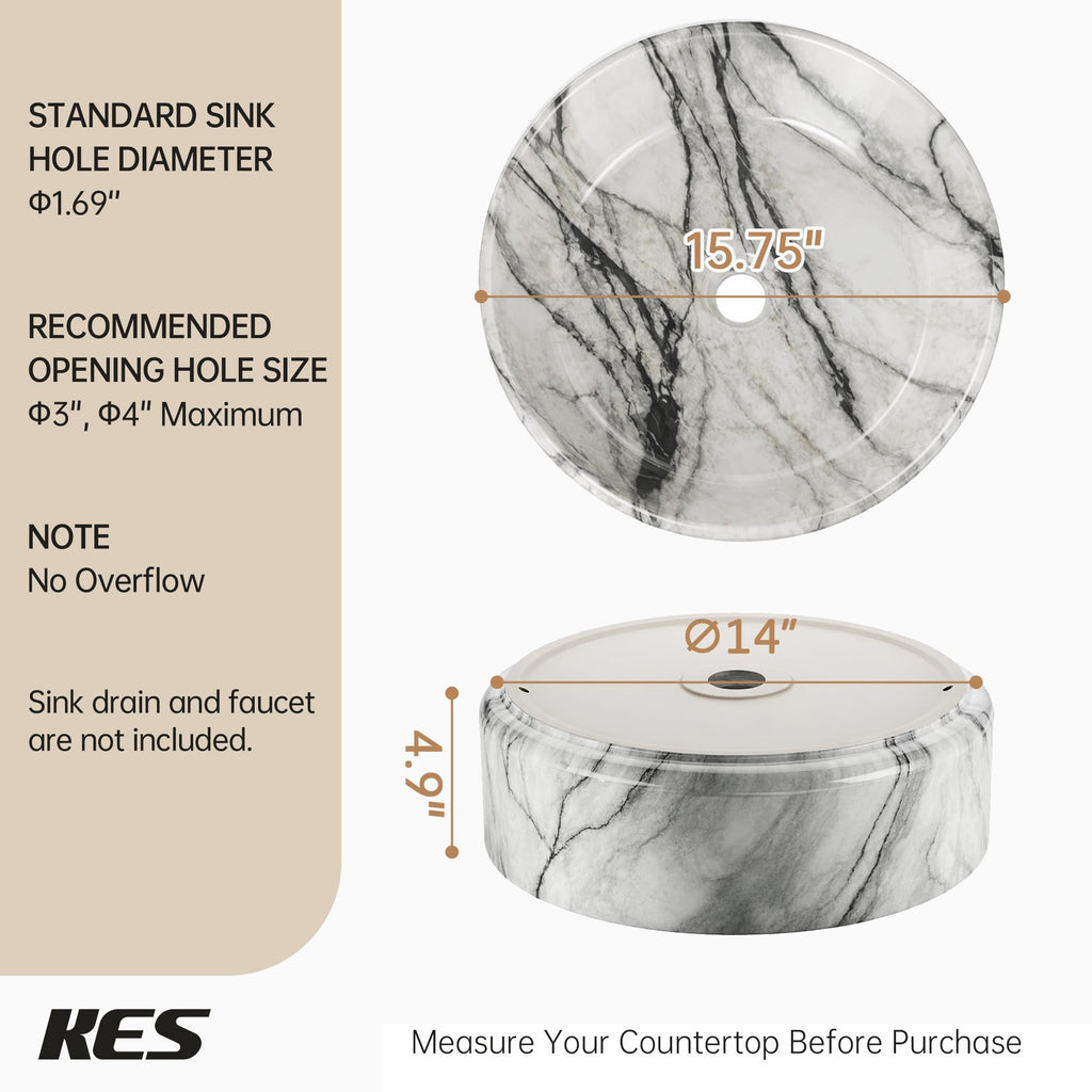 KES 16 Inch Round Vessel Sink, Bowl Sink for Bathrooms, White Ceramic