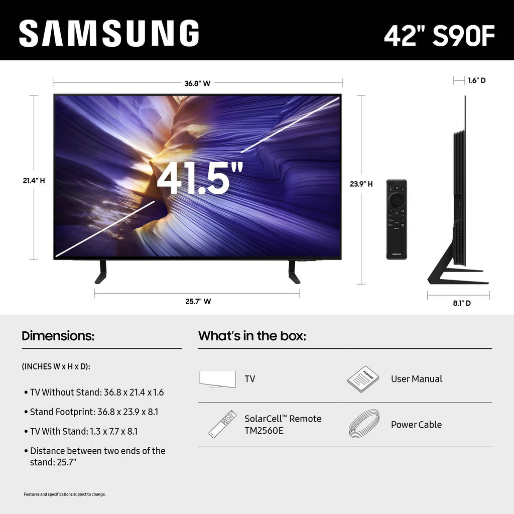 Samsung 65-Inch Class OLED S90F 4K Smart TV (2025 Model) NQ4 AI Gen3 Processor Upscaling Pro HDR +, Motion Xcelerator 144Hz, Vision Alexa Built-in