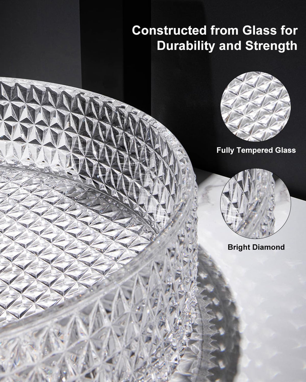 Homary Bathroom Vessel Sink Round Vessel Sink 15.35" x 4.33" Transparent Diamond Shaped Crystal Glass Bathroom Sink Above Counter with Pop-up Drain, Clear