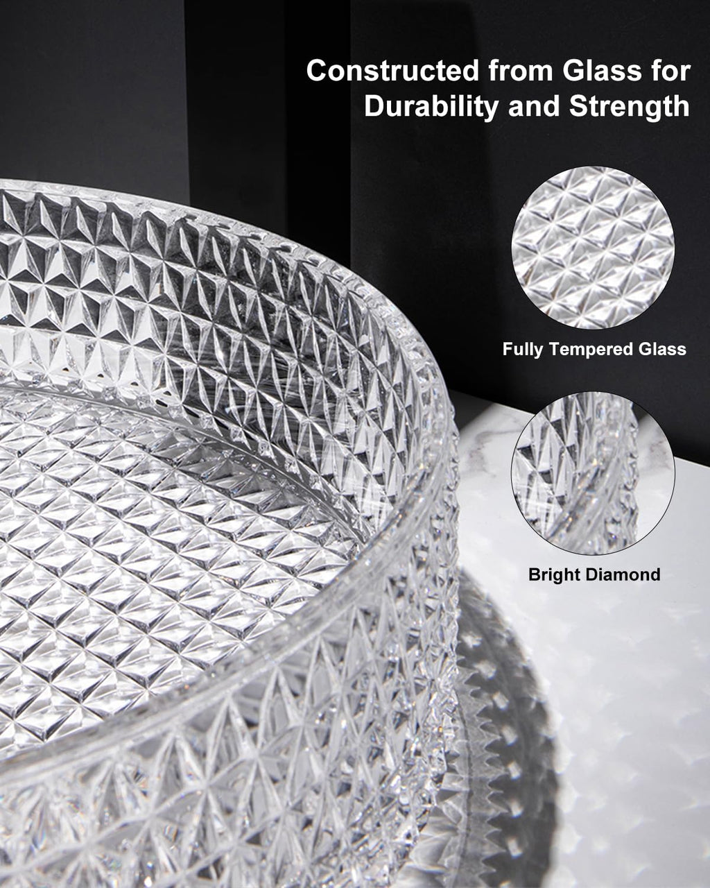 Homary Bathroom Vessel Sink Round Vessel Sink 15.35" x 4.33" Transparent Diamond Shaped Crystal Glass Bathroom Sink Above Counter with Pop-up Drain, Clear