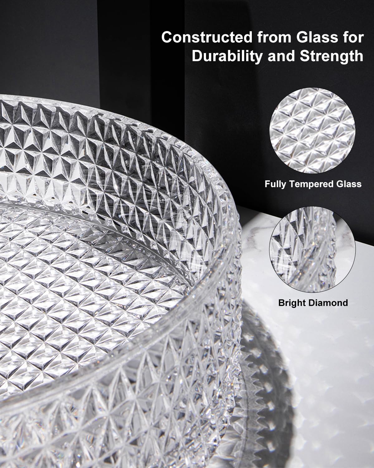 Homary Bathroom Vessel Sink Round Vessel Sink 15.35" x 4.33" Transparent Diamond Shaped Crystal Glass Bathroom Sink Above Counter with Pop-up Drain, Clear