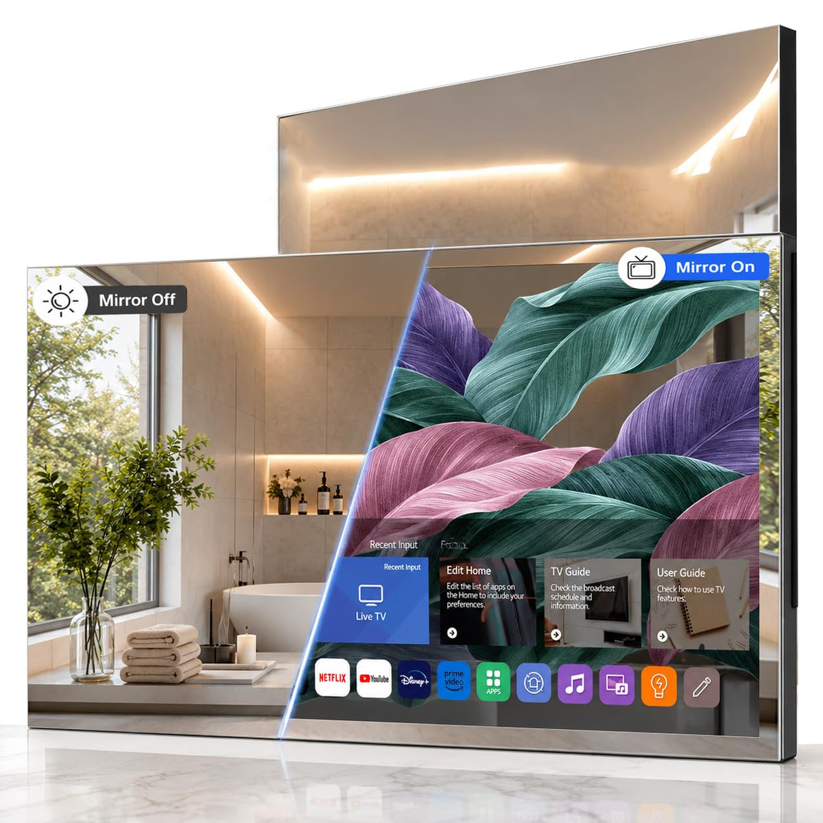Soulaca 55 inches Smart Waterproof Mirror TV 4K UHD webOS Built-in ATSC DTV Tuner Voice Control, Large Bathroom & Indoor Hotel Resort Television Wall-Mount Big Screen Pool