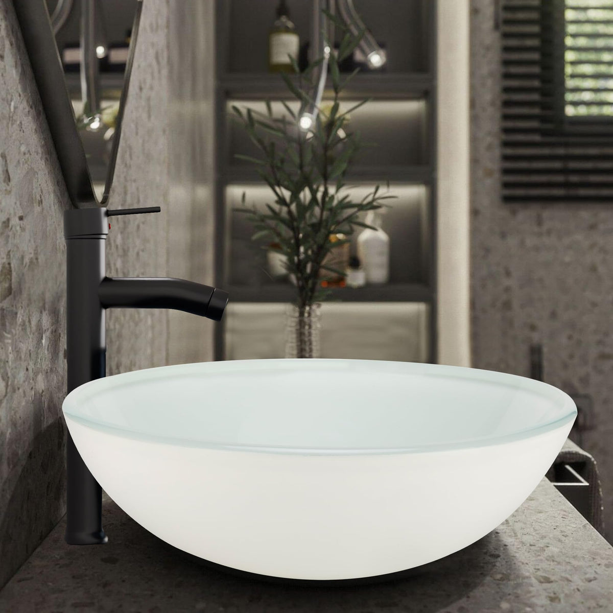 Design Vessel Sink Concrete Bathroom Sink above Counter Small Vessel Sink Bathroom Sink Bowl Countertop Modern Sinks with Faucet and Drain Combo 15.7" Round Gray