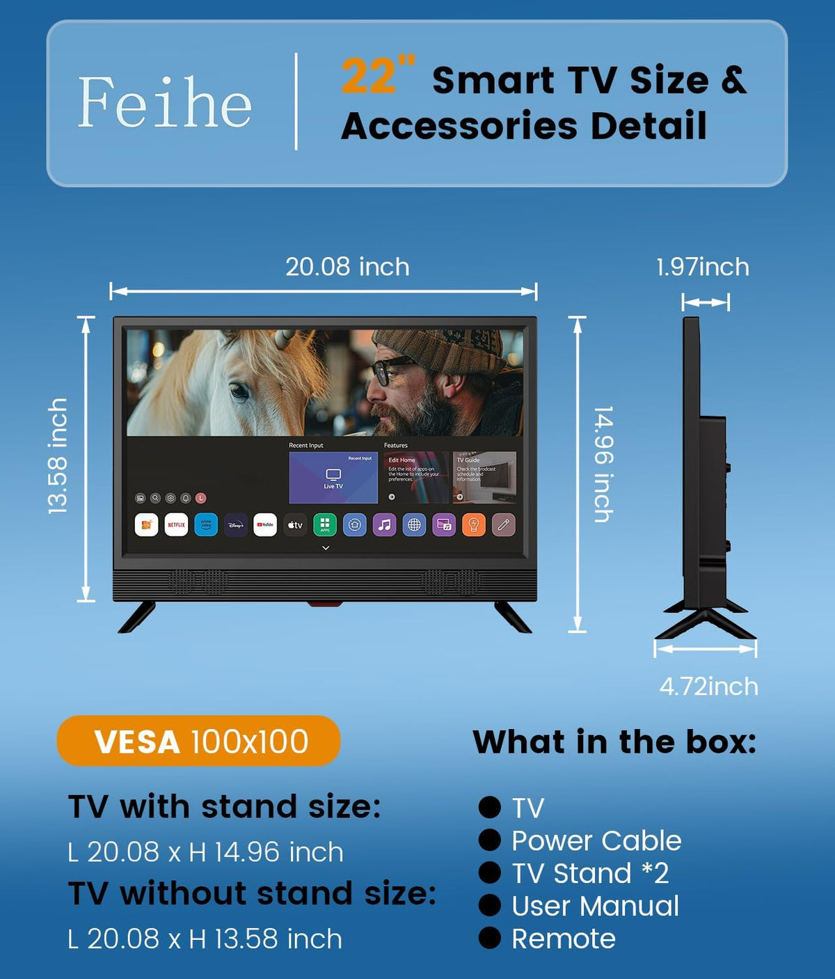 Feihe 22-inch Small Smart TV Full HD 1080p | Kitchen Smart TV, Flat Screen Television with Loud Dual Stereo Speakers, 178Â° Viewing & Wi/Fi (22, Inches)