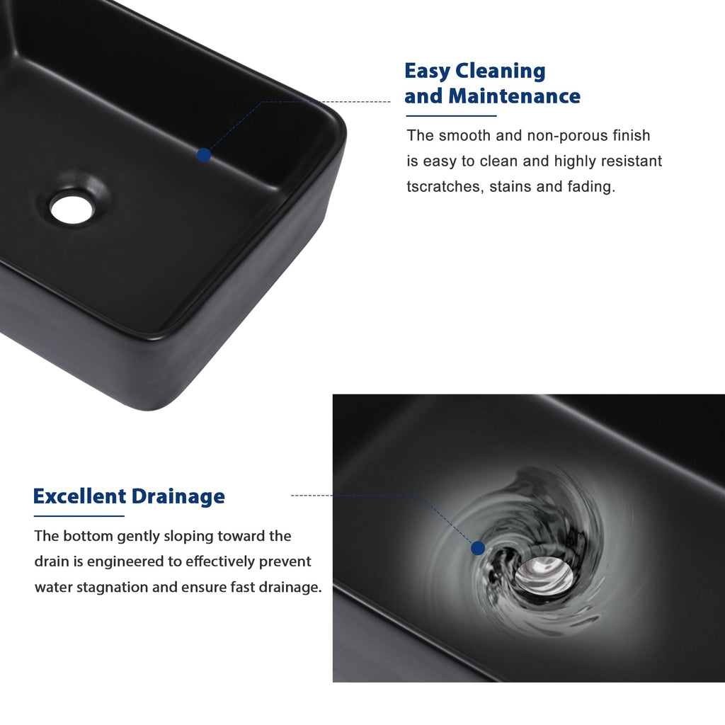 Sarlai Black Vessel Sink Rectangular - 24"x14" Modern Bathroom Vessel Sink Rectangle Above Counter Black Ceramic Porcelain Lavatory Vanity Sink Art Basin