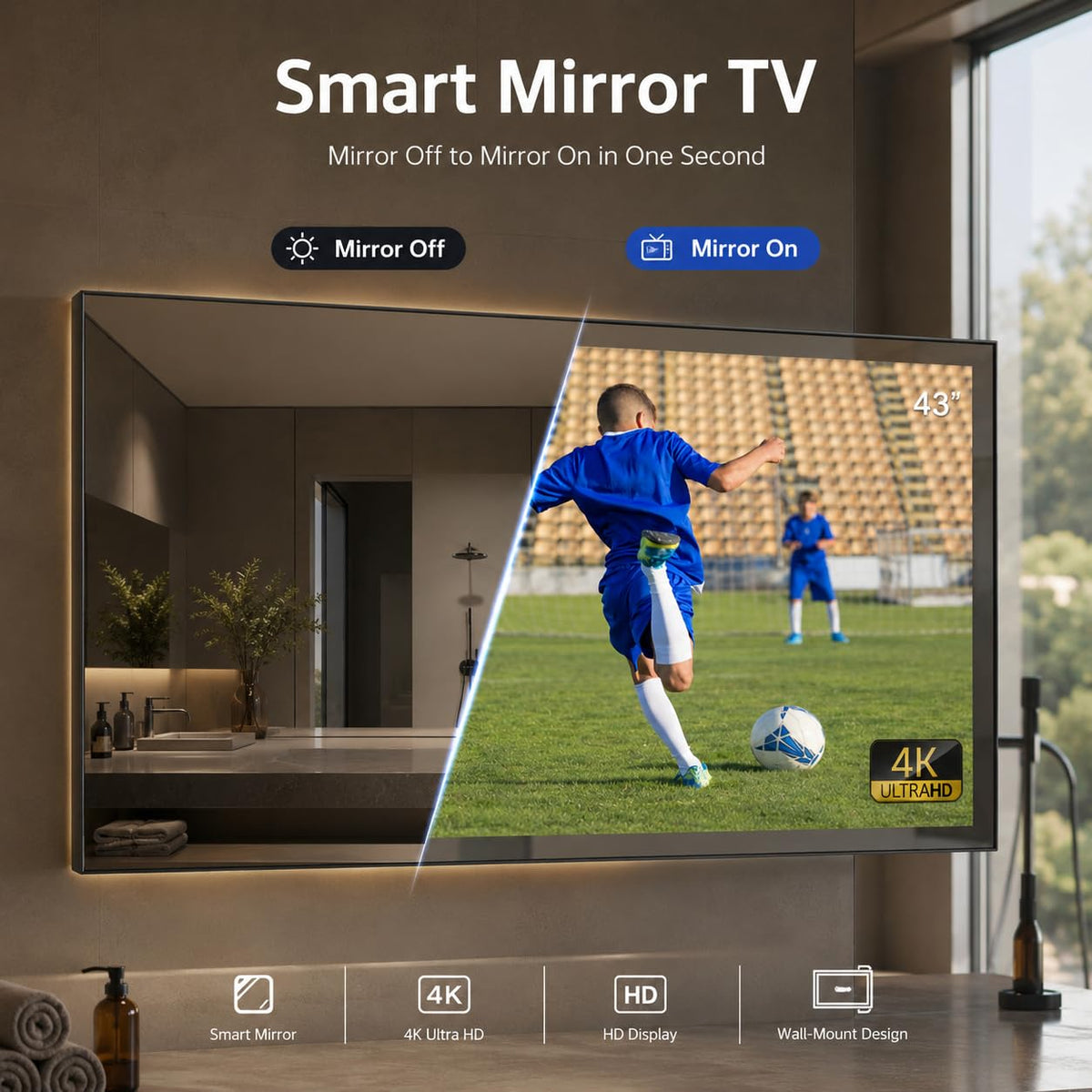 Soulaca 55 inches Smart Waterproof Mirror TV 4K UHD webOS Built-in ATSC DTV Tuner Voice Control, Large Bathroom & Indoor Hotel Resort Television Wall-Mount Big Screen Pool