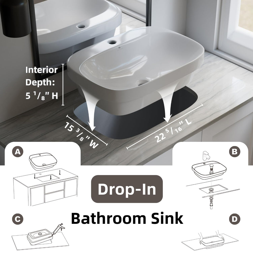 20â³W x 17â³D Drop In Bathroom Sink with Free Pop-Up Drain, White Ceramic Rectangular Semi Recessed Bathroom Sink with Single Faucet Hole, Modern Vessel Sink, Durable Above Counter Basin