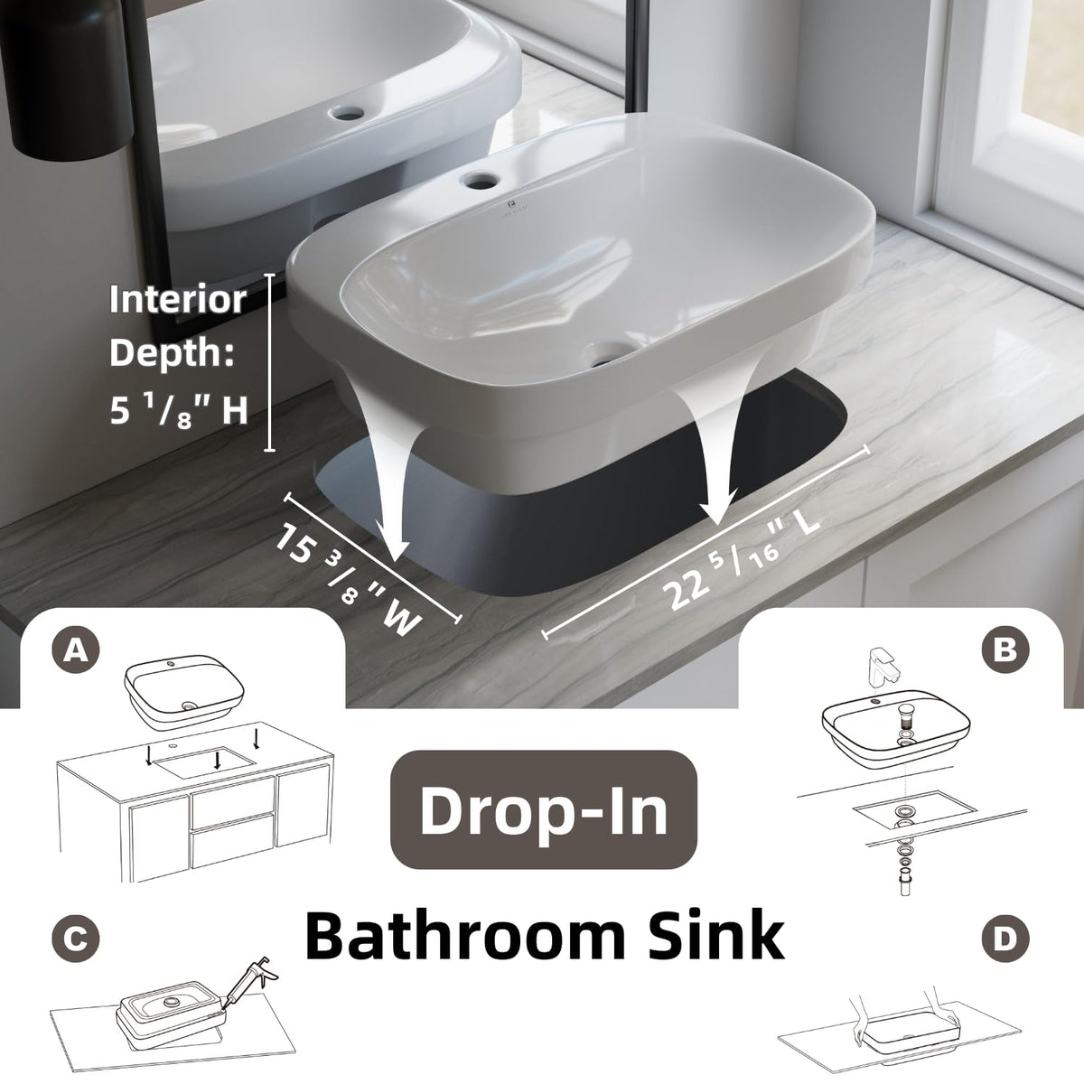 20â³W x 17â³D Drop In Bathroom Sink with Free Pop-Up Drain, White Ceramic Rectangular Semi Recessed Bathroom Sink with Single Faucet Hole, Modern Vessel Sink, Durable Above Counter Basin