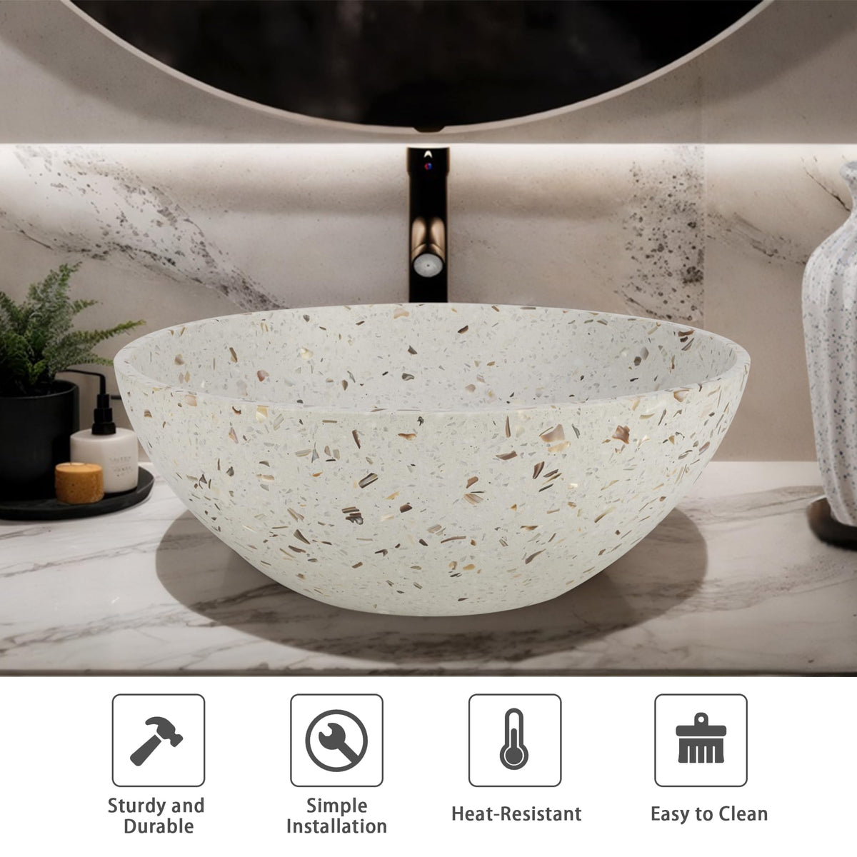 Design Vessel Sink Concrete Bathroom Sink above Counter Small Vessel Sink Bathroom Sink Bowl Countertop Modern Sinks with Faucet and Drain Combo 15.7" Round Gray