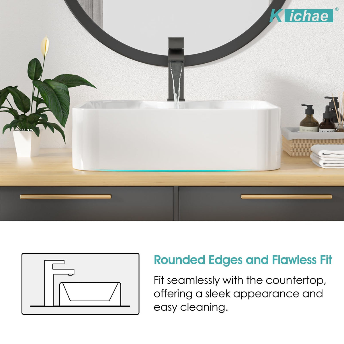 Kichae 16"x12" Vessel Sink Rectangle - Modern Above Matte Black Porcelain Ceramic Bathroom Vessel Vanity Sink Bowl Art Basin