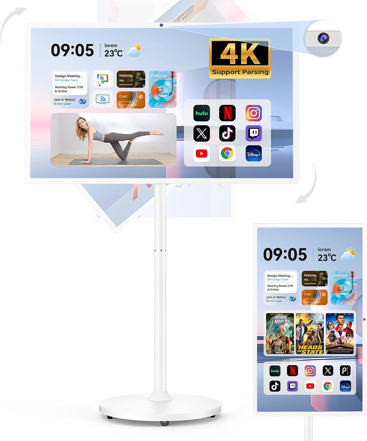 Bisprico 32" Portable Smart TV on Wheels, Qualcomm CPU, EDLA-Certified, Built-in 22000mAh Battery, 16+128GB, Android 14 OS Rolling Tablet TV, Full Swivel Rotation, Remote Control, 13MP Webcam