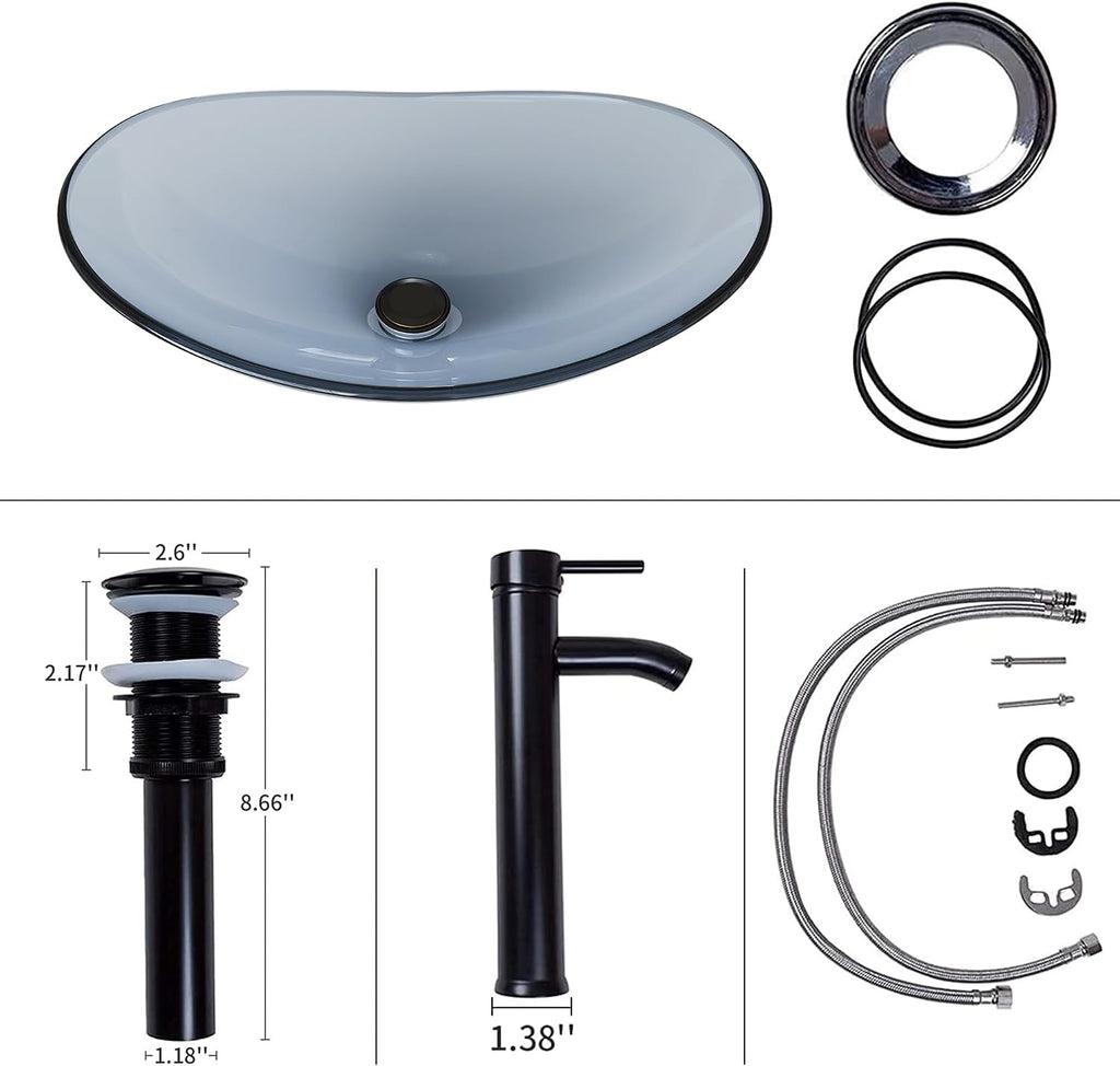 Vessel Sink Bathroom Sinks Tempered Glass Art Basin 20.8"x13.7" Oval Bowl Above Counter with Faucet and Pop-Up Drain Combo, Oval Clear Grey,Modern Countertop Bowl Sink