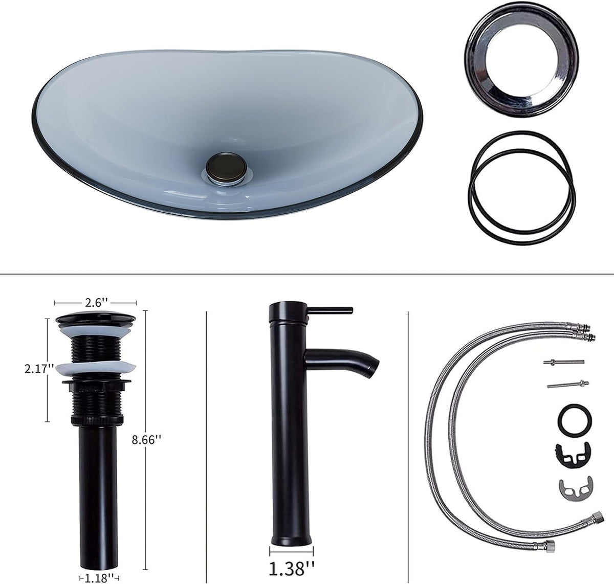 Vessel Sink Bathroom Sinks Tempered Glass Art Basin 20.8"x13.7" Oval Bowl Above Counter with Faucet and Pop-Up Drain Combo, Oval Clear Grey,Modern Countertop Bowl Sink